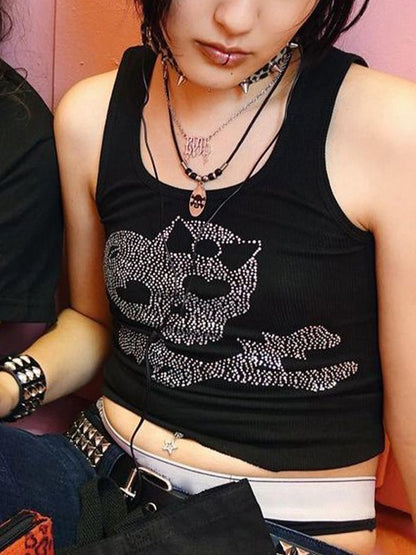 Skull Rhinestone Crop Tank Top