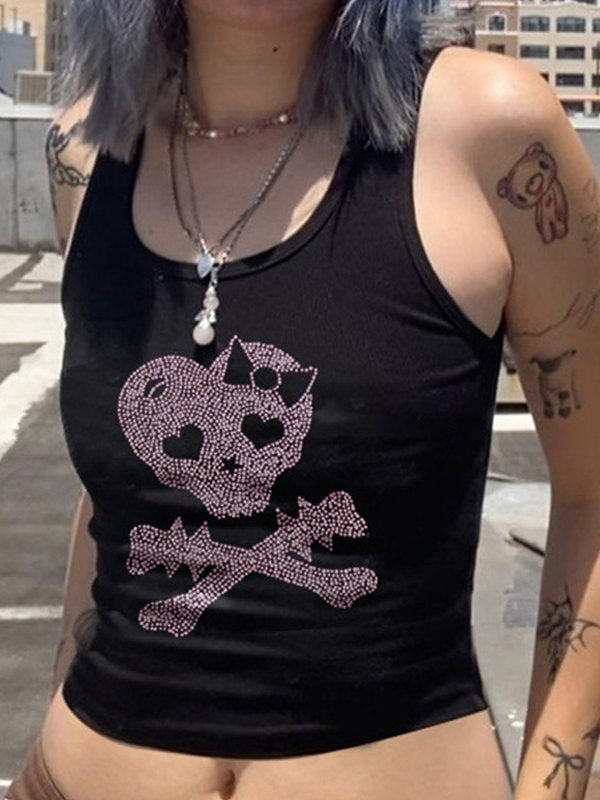 Skull Rhinestone Crop Tank Top
