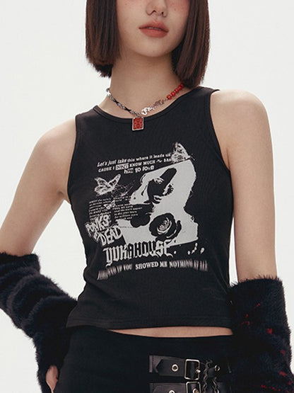 Gothic Punk Printed Rib Crop Tank Top