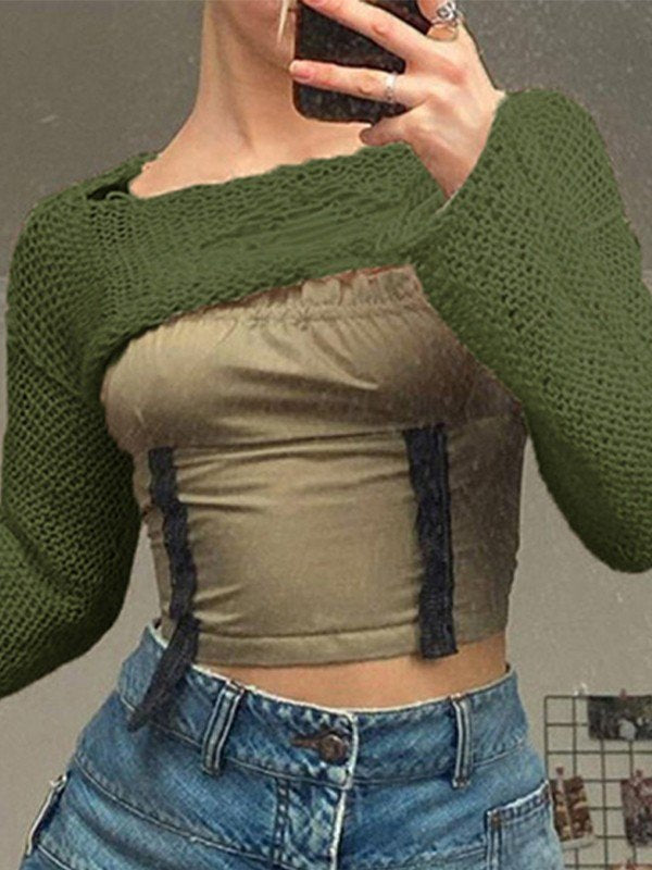 Crochet Knit Distressed Long Sleeve Bolero Top