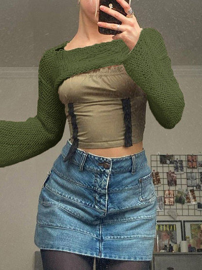 Crochet Knit Distressed Long Sleeve Bolero Top