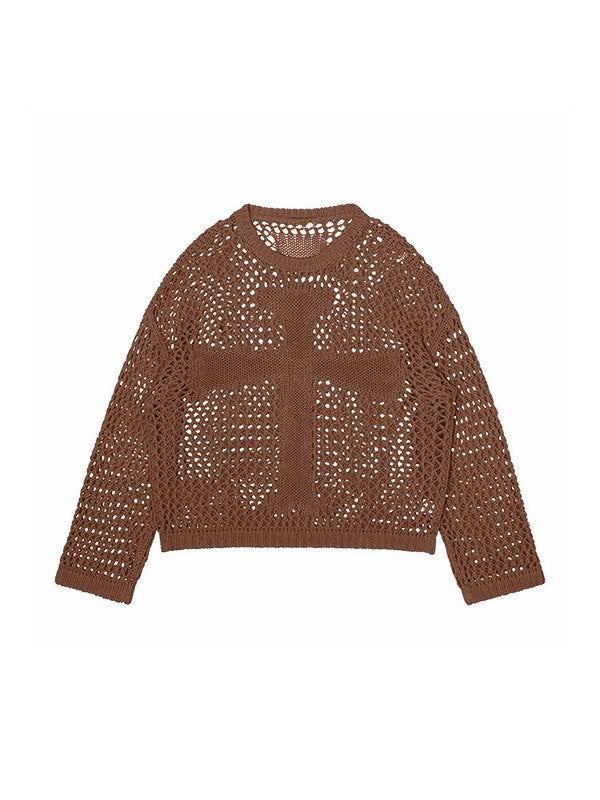Cross Pattern Crochet Hollow Long Sleeve Knit Top