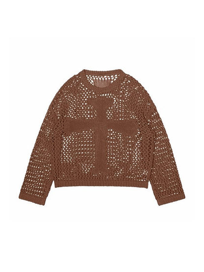 Cross Pattern Crochet Hollow Long Sleeve Knit Top