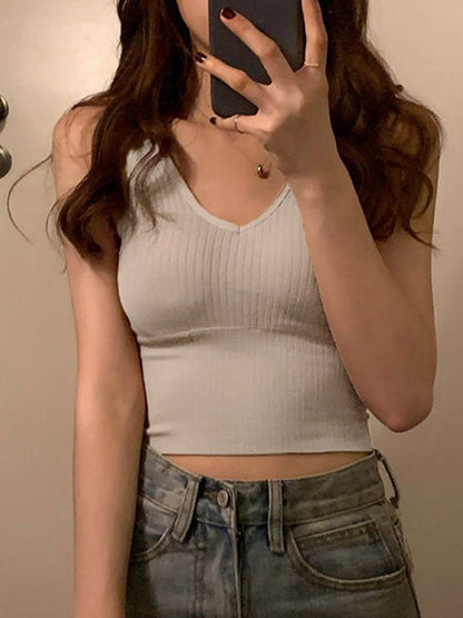 Solid Color Y2k Rib V Neck Cropped Tank Top