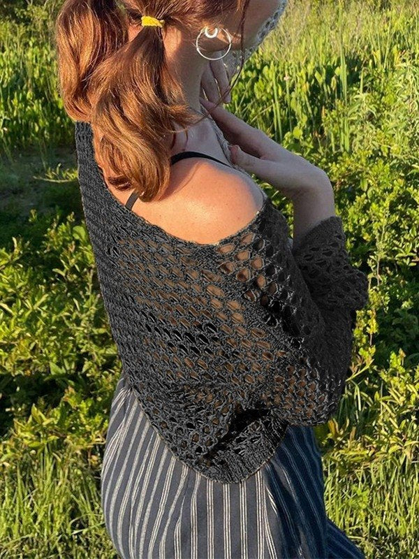 Hollow Out Crochet Knit Long Sleeve Crop Top