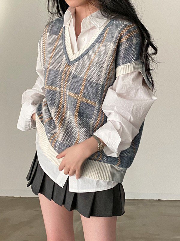 Vintage Checkered V Neck Sweater Vest