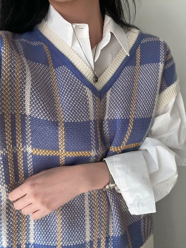 Vintage Checkered V Neck Sweater Vest