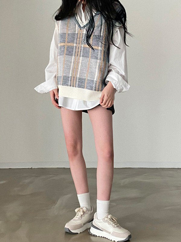 Vintage Checkered V Neck Sweater Vest