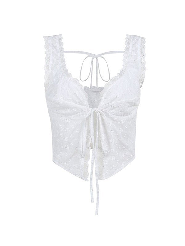 Lace Trim Backless Strappy Tie Corset Top