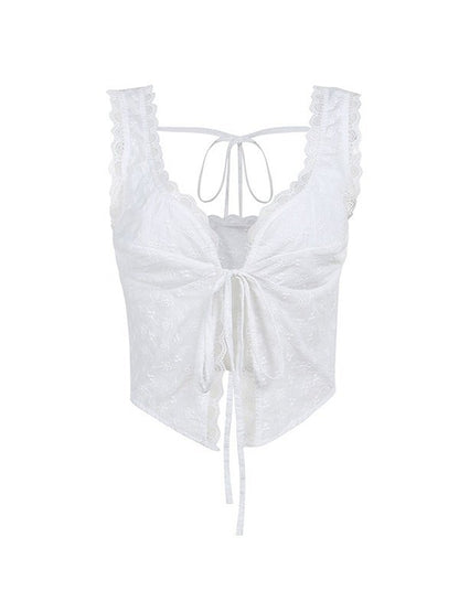 Lace Trim Backless Strappy Tie Corset Top