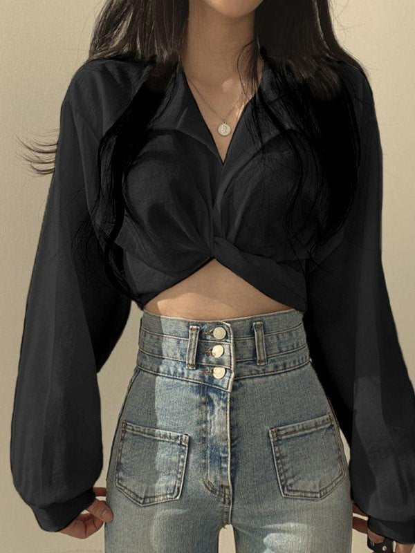 Knotted Tie Strap Cropped Long Sleeve Blouse