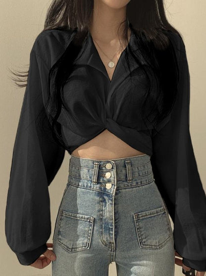 Knotted Tie Strap Cropped Long Sleeve Blouse