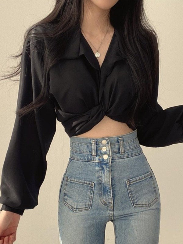 Knotted Tie Strap Cropped Long Sleeve Blouse