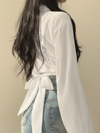 Knotted Tie Strap Cropped Long Sleeve Blouse