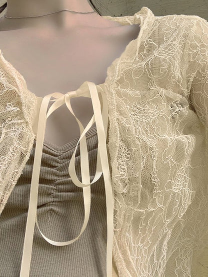 Tie Front Lace Crop Cardigan