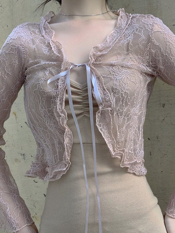 Tie Front Lace Crop Cardigan