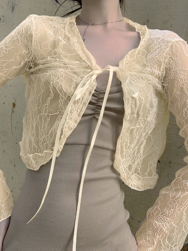 Tie Front Lace Crop Cardigan