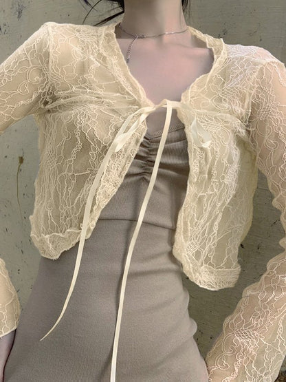 Tie Front Lace Crop Cardigan