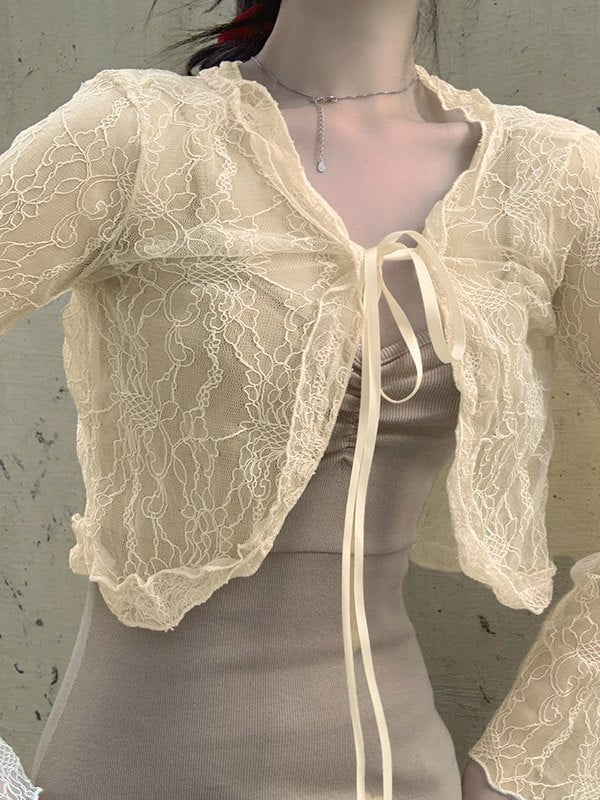Tie Front Lace Crop Cardigan