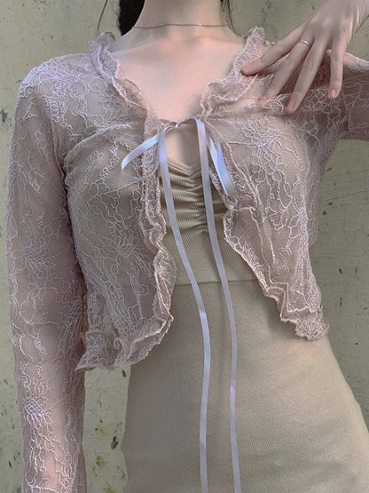 Tie Front Lace Crop Cardigan