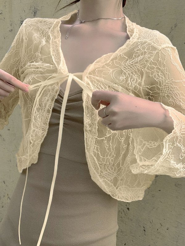 Tie Front Lace Crop Cardigan