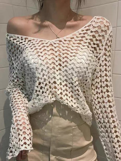 Hollow Out Long Sleeve Heart Crochet Knit Top