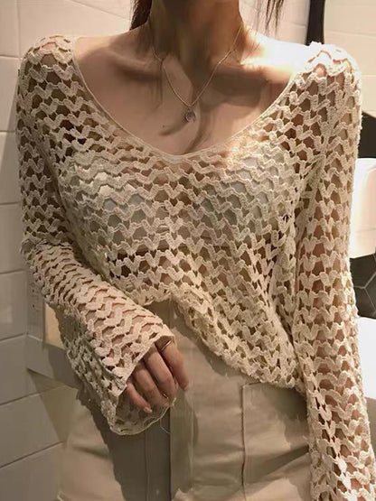 Hollow Out Long Sleeve Heart Crochet Knit Top