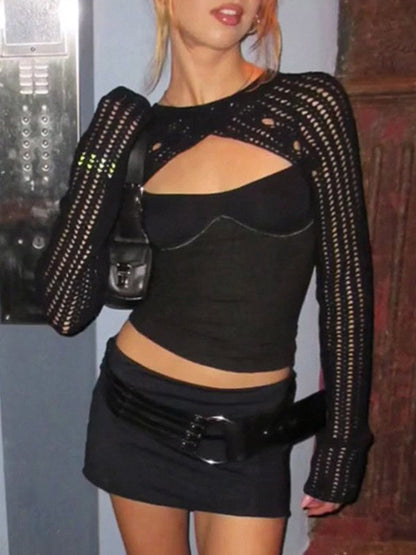 Black Hollow Out Shrug Crochet Knit Top