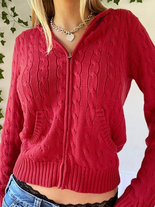 Cable Knit Zip Up Hooded Cardigan