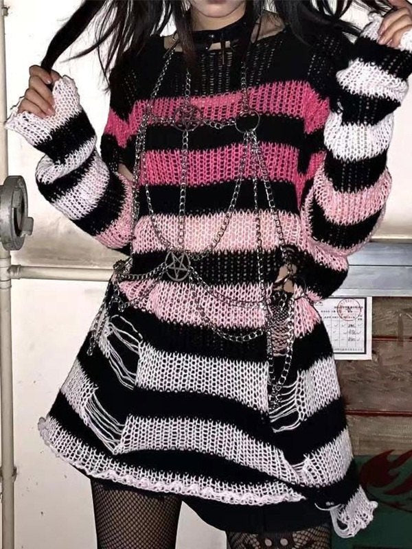 Gradient Striped Distressed Knit Top