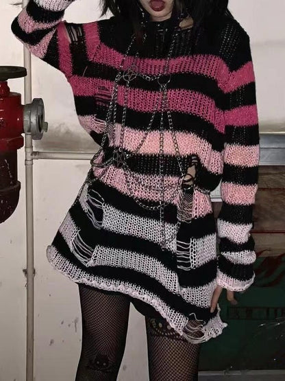 Gradient Striped Distressed Knit Top