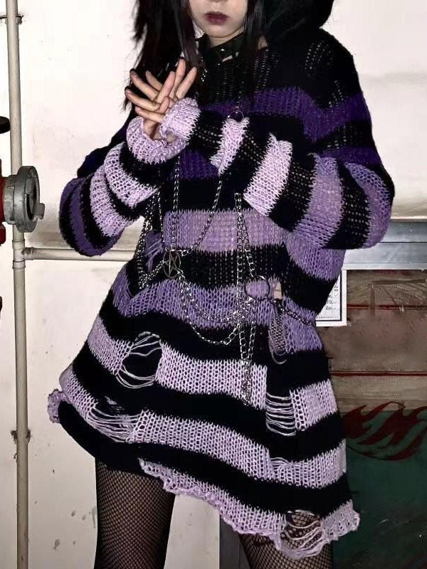 Gradient Striped Distressed Knit Top