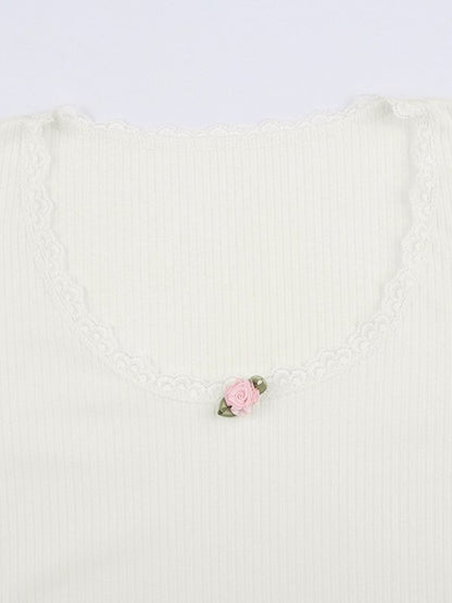 Lace Trim White Ribbed Knit Top
