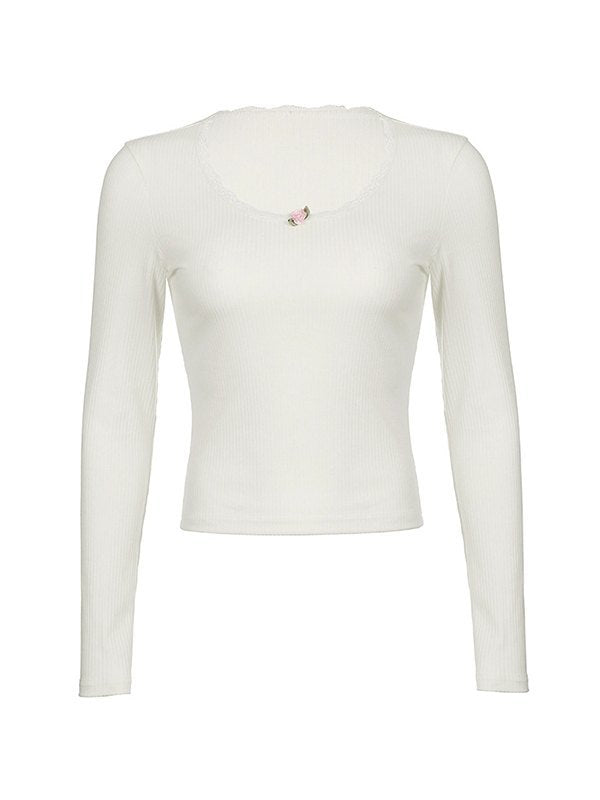 Lace Trim White Ribbed Knit Top
