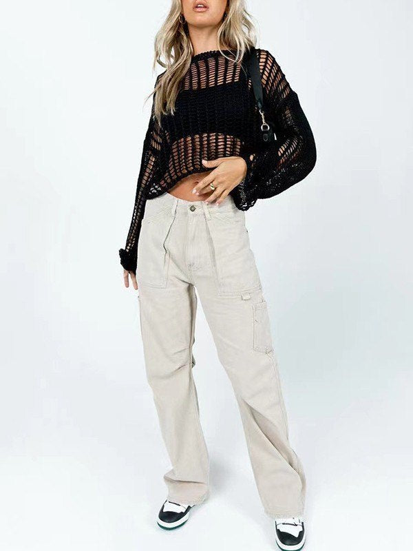 See Through Fishnet Knit Crop Top