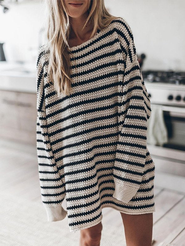 Slit Hem Oversize Striped Pullover Sweater