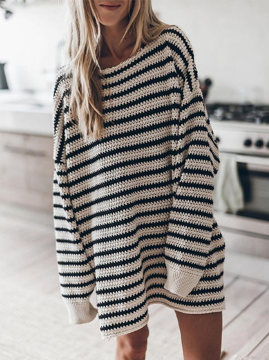 Slit Hem Oversize Striped Pullover Sweater