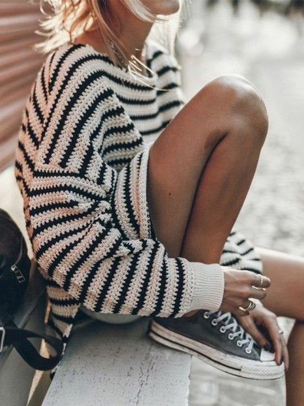 Slit Hem Oversize Striped Pullover Sweater