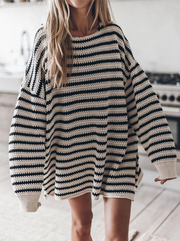 Slit Hem Oversize Striped Pullover Sweater