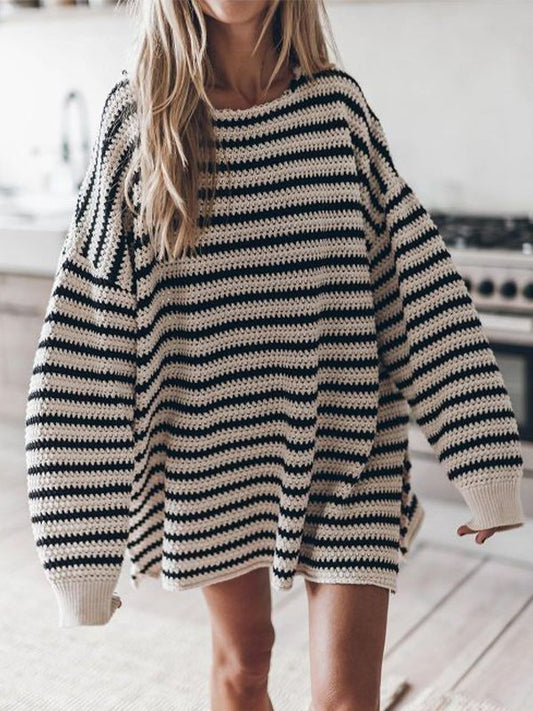 Slit Hem Oversize Striped Pullover Sweater