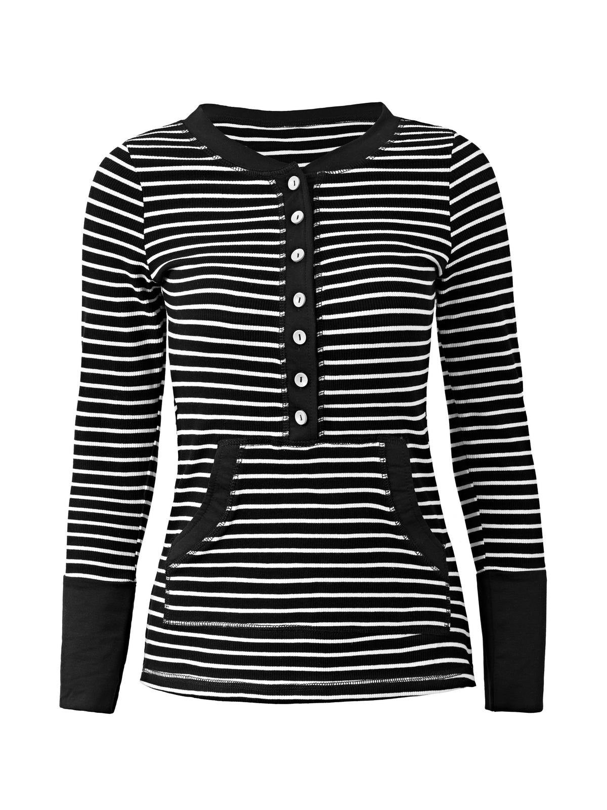 Vintage Striped Button Front Ribbed Knit Top
