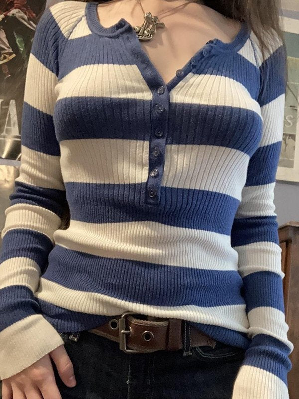 Blue Stripe Button Up Ribbed Knit Top