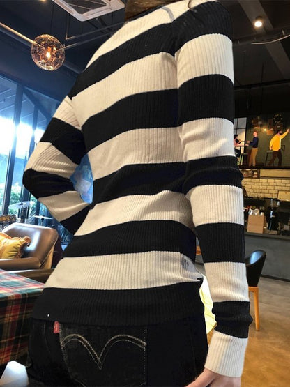 Blue Stripe Button Up Ribbed Knit Top