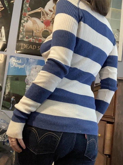 Blue Stripe Button Up Ribbed Knit Top