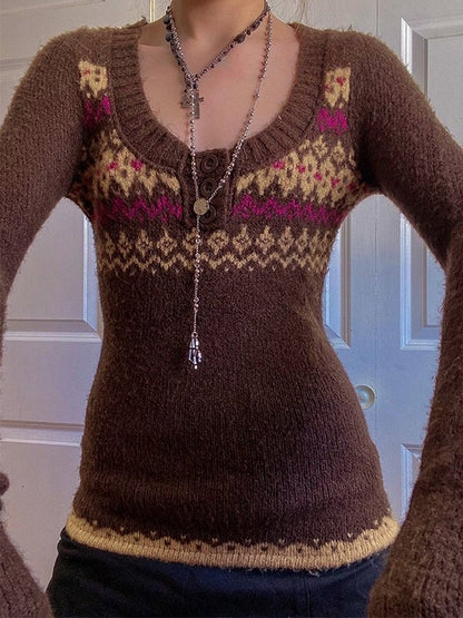 Button Front Jacquard Knitted Sweater