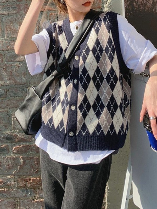V Neck Button Front Argyle Sweater Vest