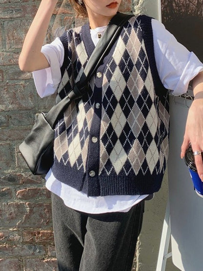 V Neck Button Front Argyle Sweater Vest