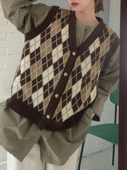 V Neck Button Front Argyle Sweater Vest