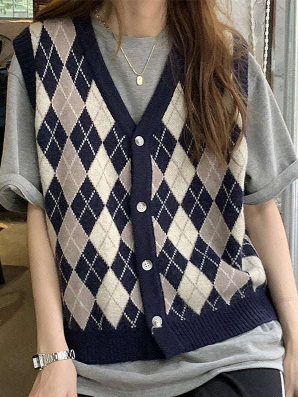 V Neck Button Front Argyle Sweater Vest
