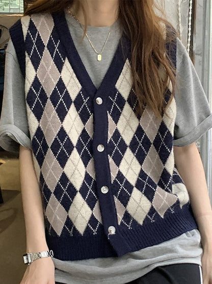 V Neck Button Front Argyle Sweater Vest
